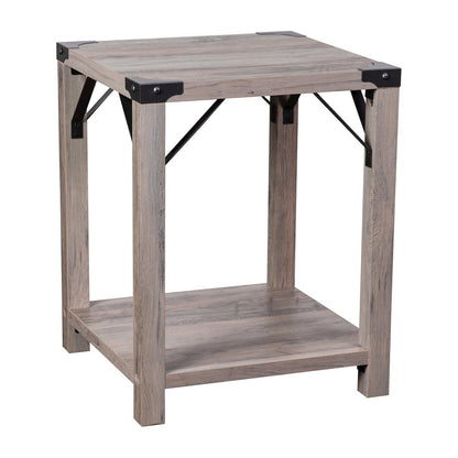 Farmhouse Wooden 2 Tier End Table with Black Metal Corner Accents, Gray Wash
