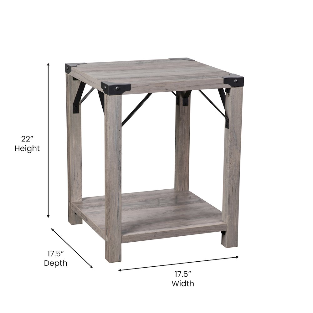 Farmhouse Wooden 2 Tier End Table with Black Metal Corner Accents, Gray Wash