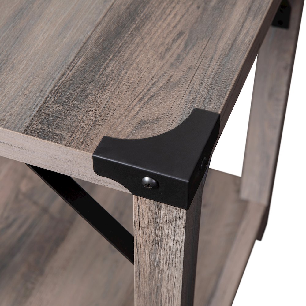 Farmhouse Wooden 2 Tier End Table with Black Metal Corner Accents, Gray Wash