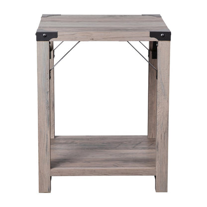 Farmhouse Wooden 2 Tier End Table with Black Metal Corner Accents, Gray Wash