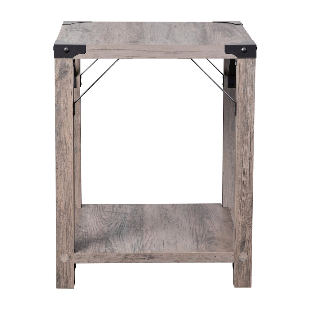 Farmhouse Wooden 2 Tier End Table with Black Metal Corner Accents, Gray Wash
