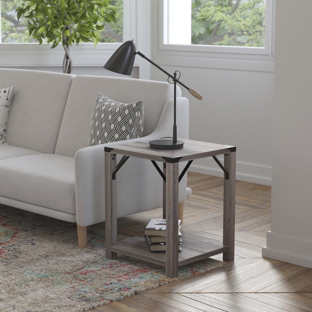 Farmhouse Wooden 2 Tier End Table with Black Metal Corner Accents, Gray Wash