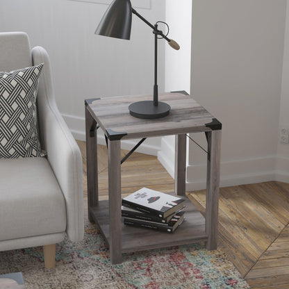Farmhouse Wooden 2 Tier End Table with Black Metal Corner Accents, Gray Wash