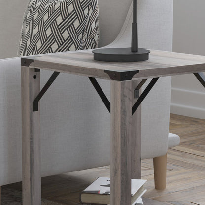 Farmhouse Wooden 2 Tier End Table with Black Metal Corner Accents, Gray Wash