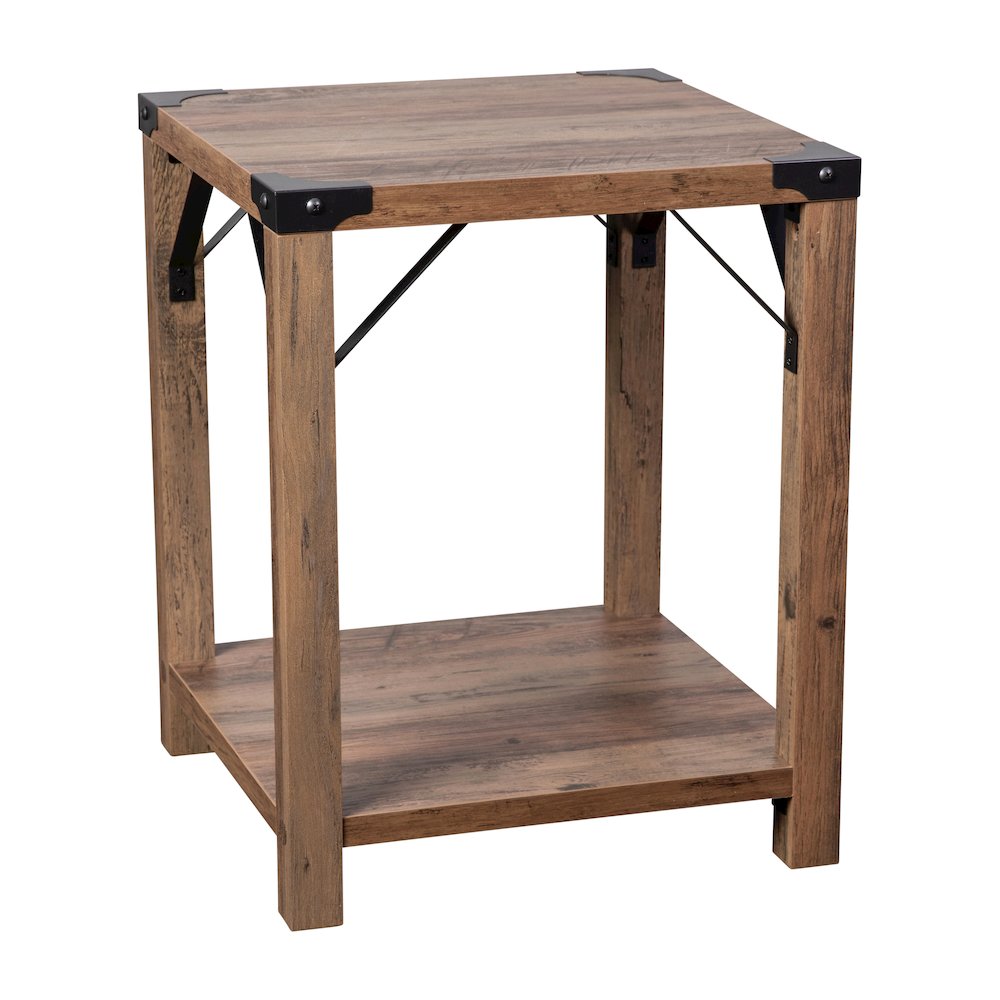 Farmhouse Wooden 2 Tier End Table with Black Metal Corner Accents, Oak