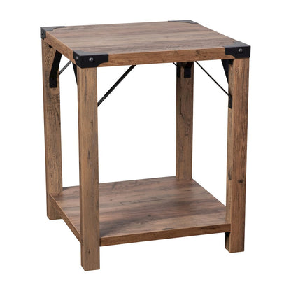 Farmhouse Wooden 2 Tier End Table with Black Metal Corner Accents, Oak