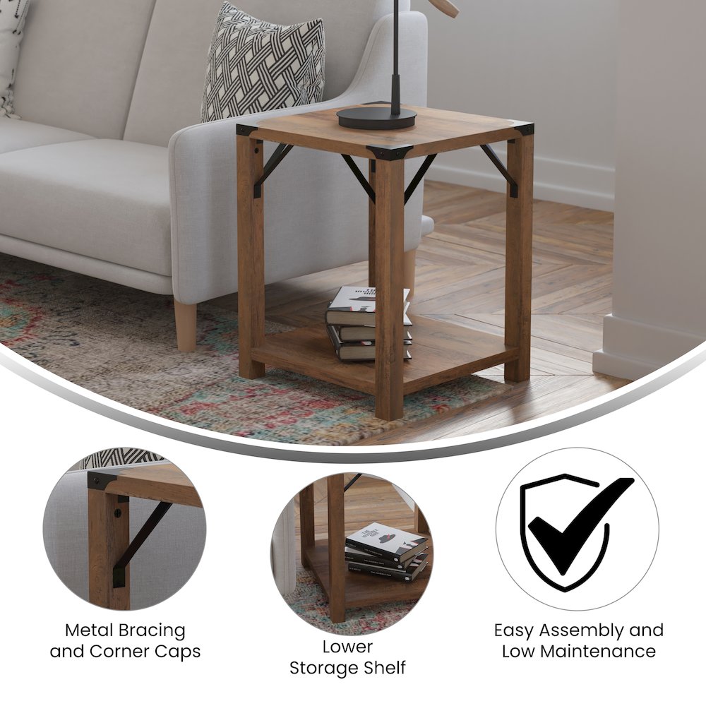 Farmhouse Wooden 2 Tier End Table with Black Metal Corner Accents, Oak