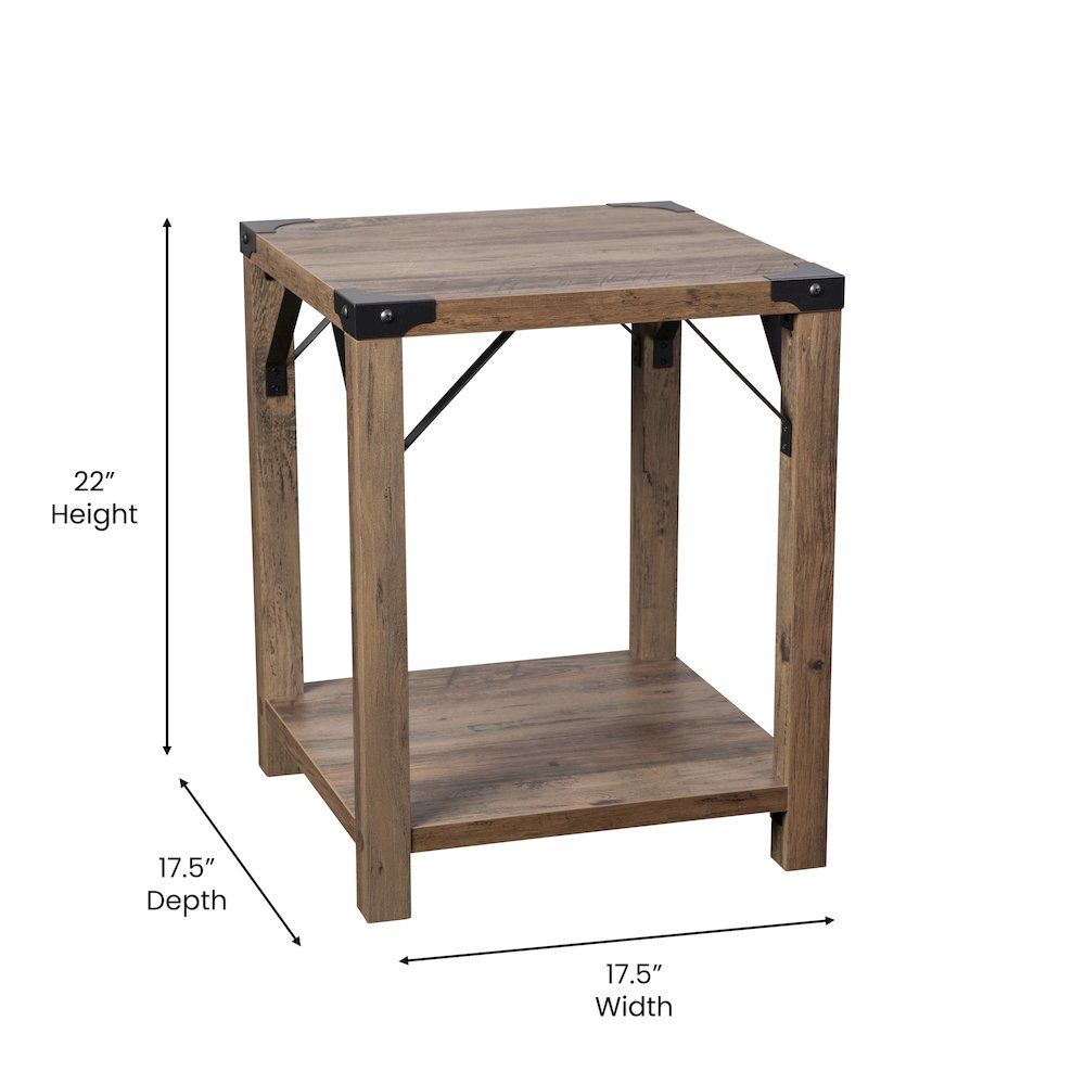 Farmhouse Wooden 2 Tier End Table with Black Metal Corner Accents, Oak