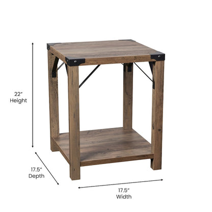 Farmhouse Wooden 2 Tier End Table with Black Metal Corner Accents, Oak