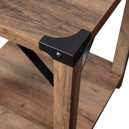 Farmhouse Wooden 2 Tier End Table with Black Metal Corner Accents, Oak
