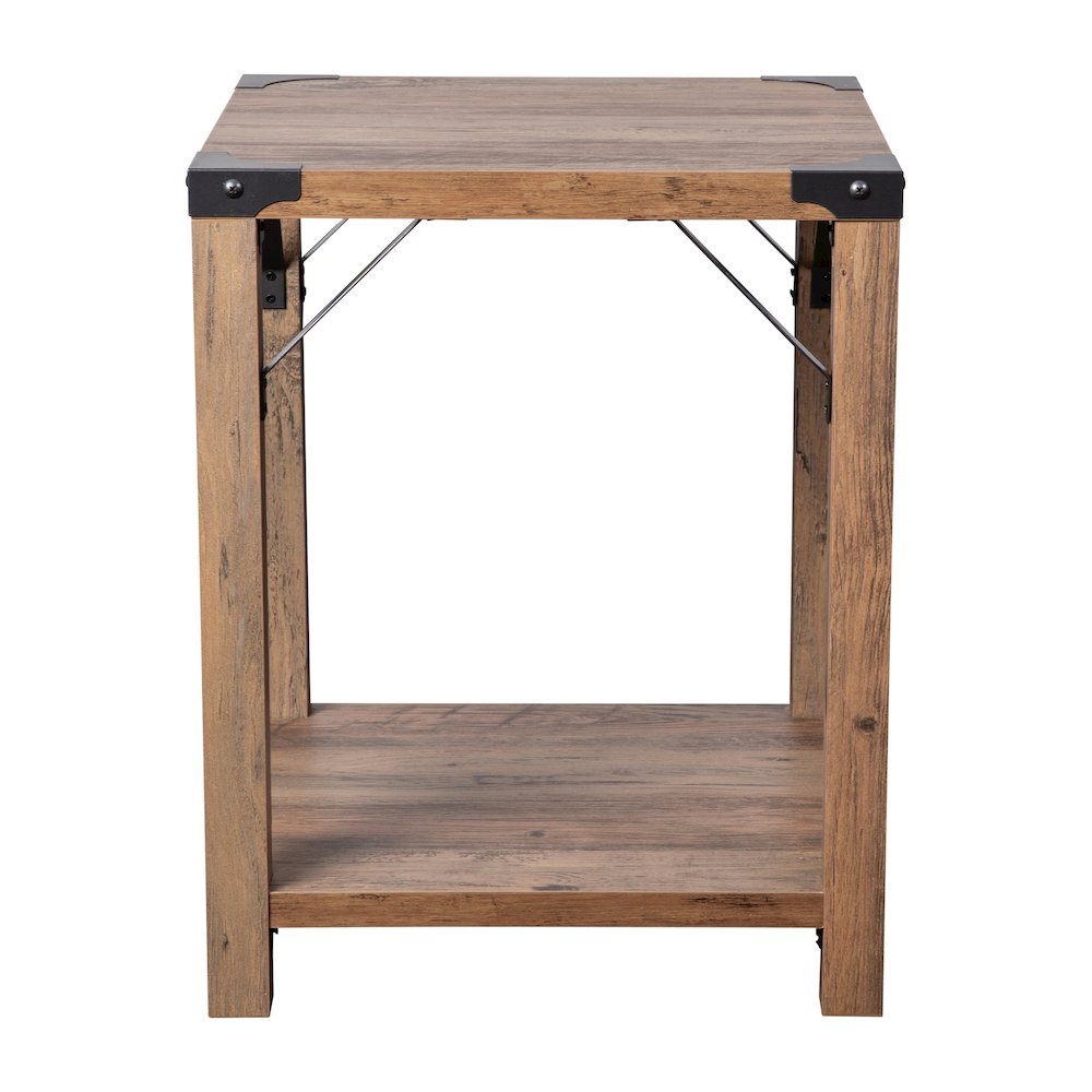 Farmhouse Wooden 2 Tier End Table with Black Metal Corner Accents, Oak