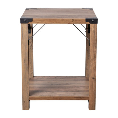 Farmhouse Wooden 2 Tier End Table with Black Metal Corner Accents, Oak