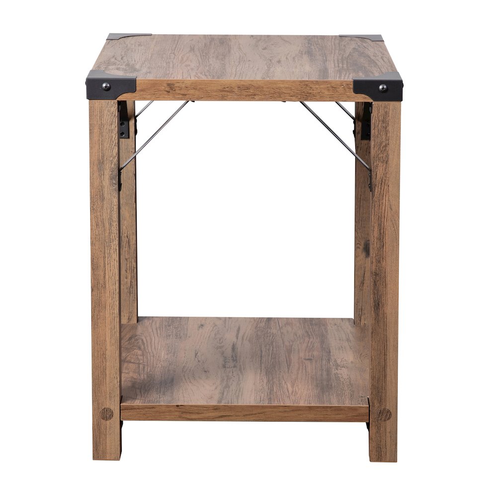 Farmhouse Wooden 2 Tier End Table with Black Metal Corner Accents, Oak