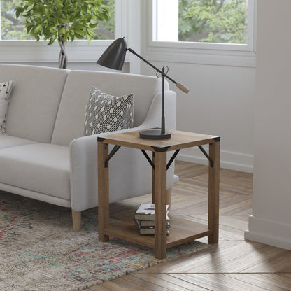 Farmhouse Wooden 2 Tier End Table with Black Metal Corner Accents, Oak
