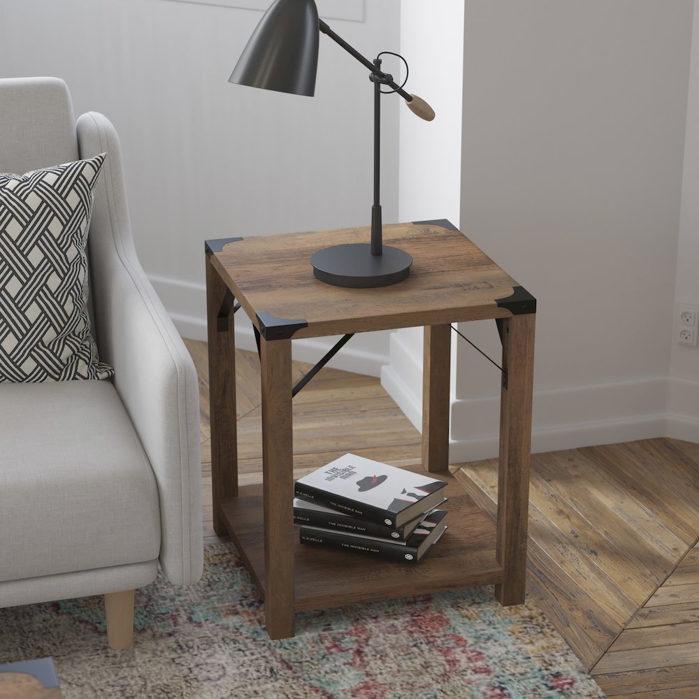 Farmhouse Wooden 2 Tier End Table with Black Metal Corner Accents, Oak