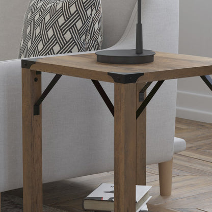 Farmhouse Wooden 2 Tier End Table with Black Metal Corner Accents, Oak