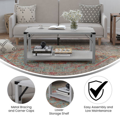 Farmhouse Wooden 2 Tier Coffee Table with Black Metal Corner Accents, Aspen Gray