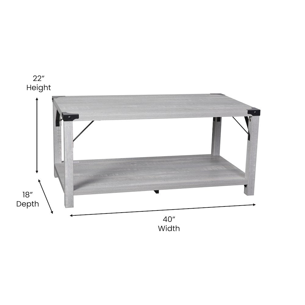 Farmhouse Wooden 2 Tier Coffee Table with Black Metal Corner Accents, Aspen Gray