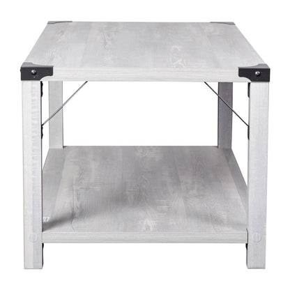 Farmhouse Wooden 2 Tier Coffee Table with Black Metal Corner Accents, Aspen Gray
