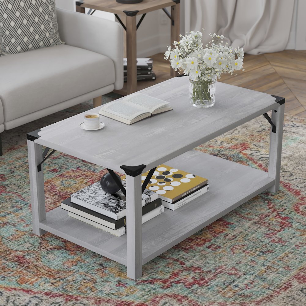 Farmhouse Wooden 2 Tier Coffee Table with Black Metal Corner Accents, Aspen Gray