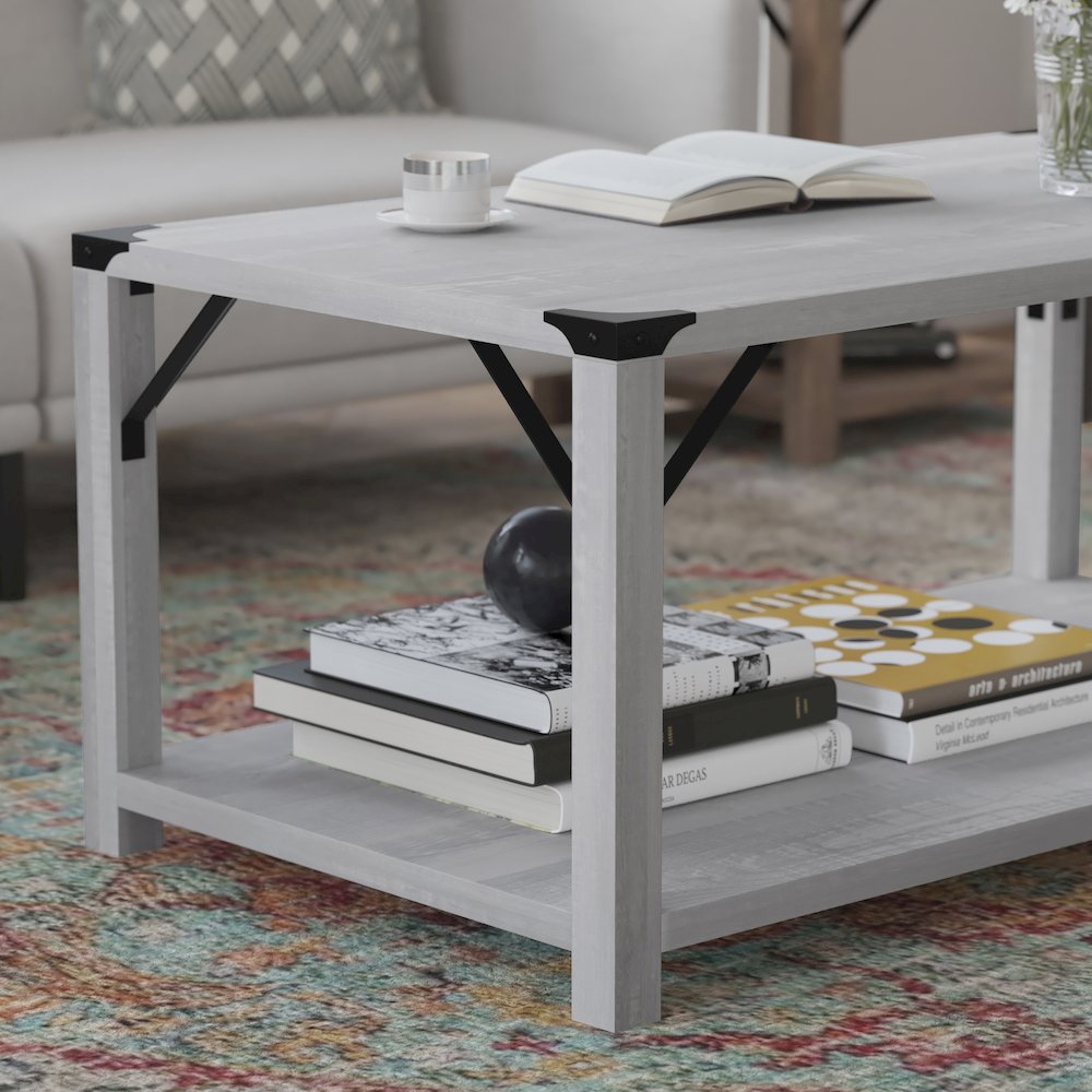 Farmhouse Wooden 2 Tier Coffee Table with Black Metal Corner Accents, Aspen Gray