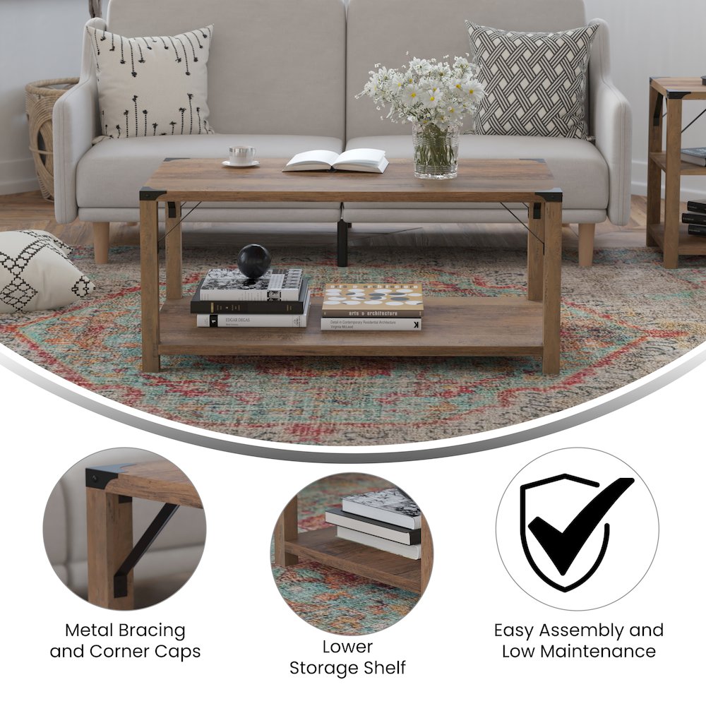 Farmhouse Wooden 2 Tier Coffee Table with Black Metal Corner Accents, Oak