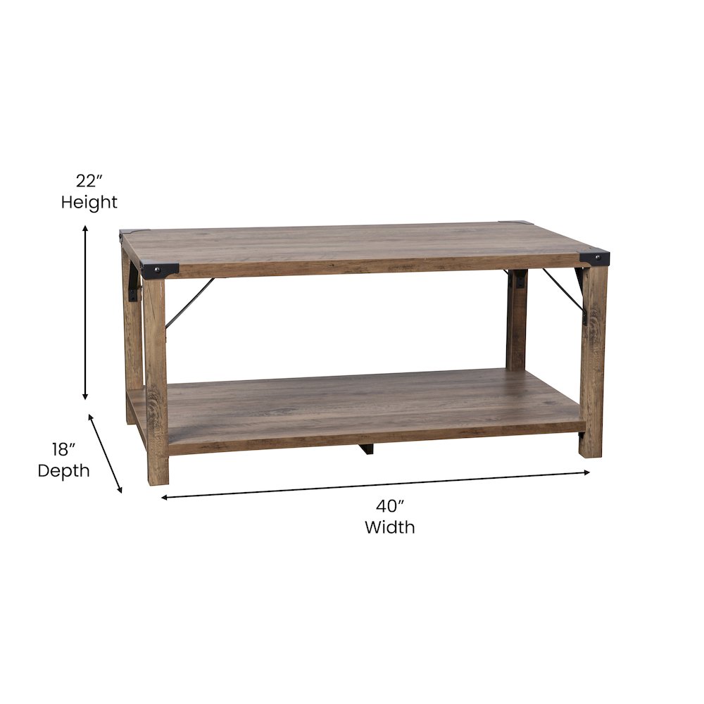 Farmhouse Wooden 2 Tier Coffee Table with Black Metal Corner Accents, Oak