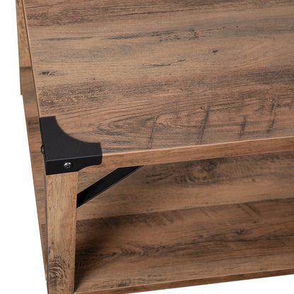 Farmhouse Wooden 2 Tier Coffee Table with Black Metal Corner Accents, Oak