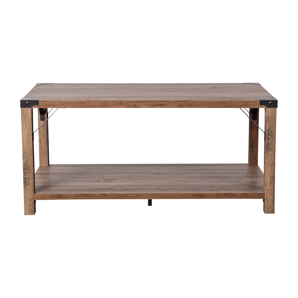 Farmhouse Wooden 2 Tier Coffee Table with Black Metal Corner Accents, Oak