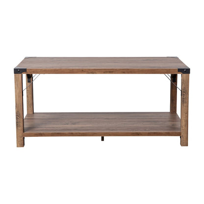 Farmhouse Wooden 2 Tier Coffee Table with Black Metal Corner Accents, Oak