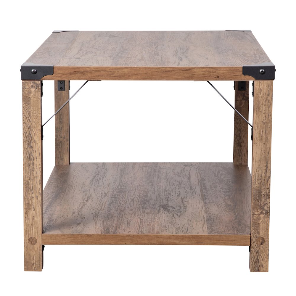 Farmhouse Wooden 2 Tier Coffee Table with Black Metal Corner Accents, Oak