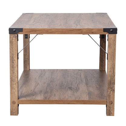 Farmhouse Wooden 2 Tier Coffee Table with Black Metal Corner Accents, Oak