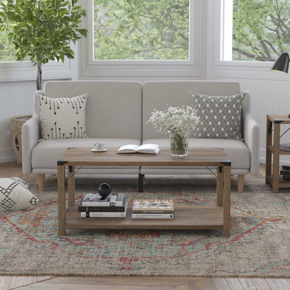Farmhouse Wooden 2 Tier Coffee Table with Black Metal Corner Accents, Oak