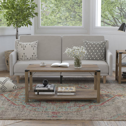 Farmhouse Wooden 2 Tier Coffee Table with Black Metal Corner Accents, Oak
