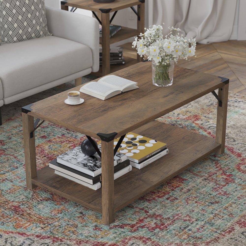 Farmhouse Wooden 2 Tier Coffee Table with Black Metal Corner Accents, Oak