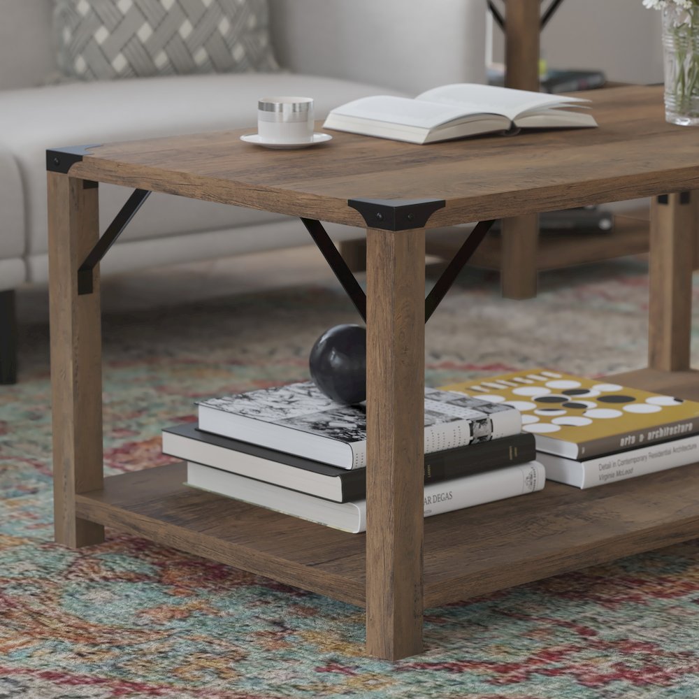 Farmhouse Wooden 2 Tier Coffee Table with Black Metal Corner Accents, Oak