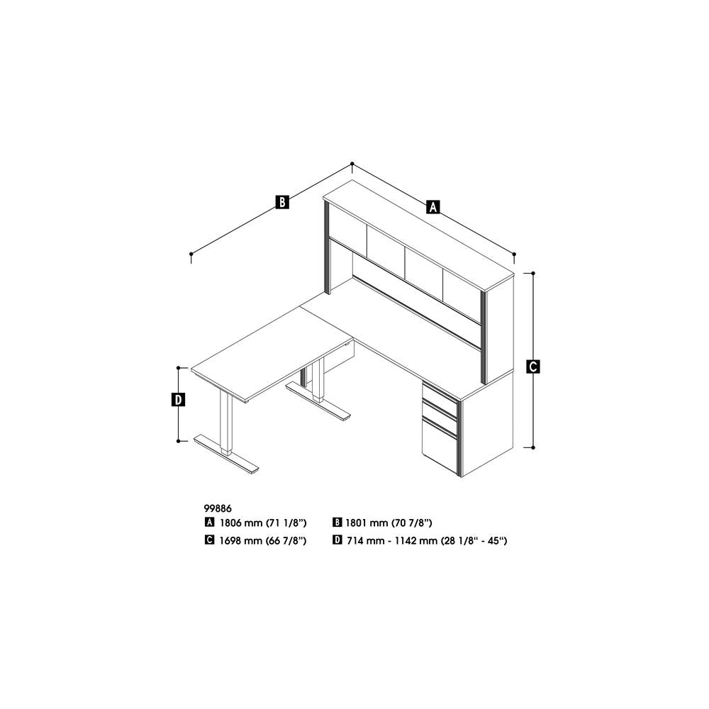 72W L-Shaped Standing Desk with Pedestal and Hutch