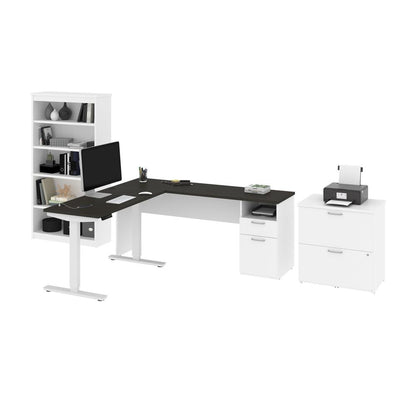 72W L-Shaped Standing Desk with Bookcase and File Cabinet