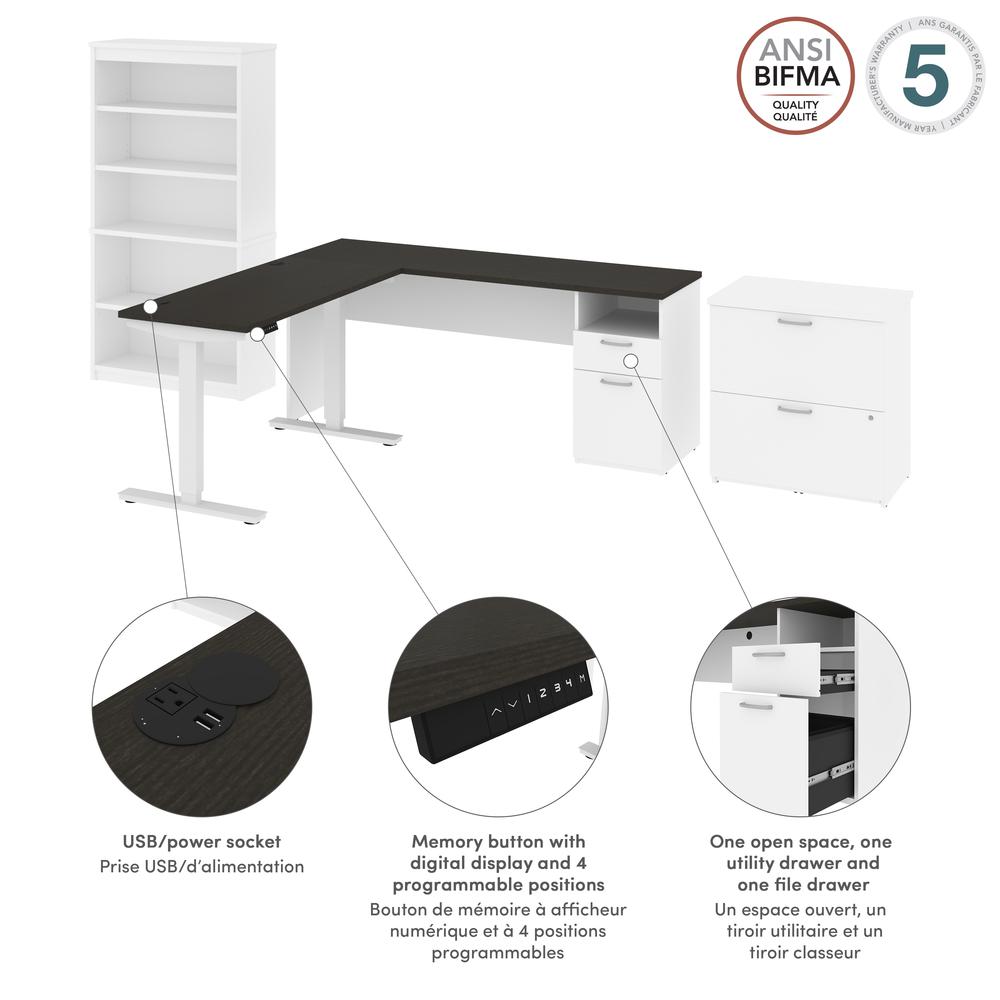 72W L-Shaped Standing Desk with Bookcase and File Cabinet