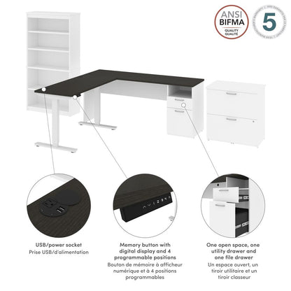 72W L-Shaped Standing Desk with Bookcase and File Cabinet