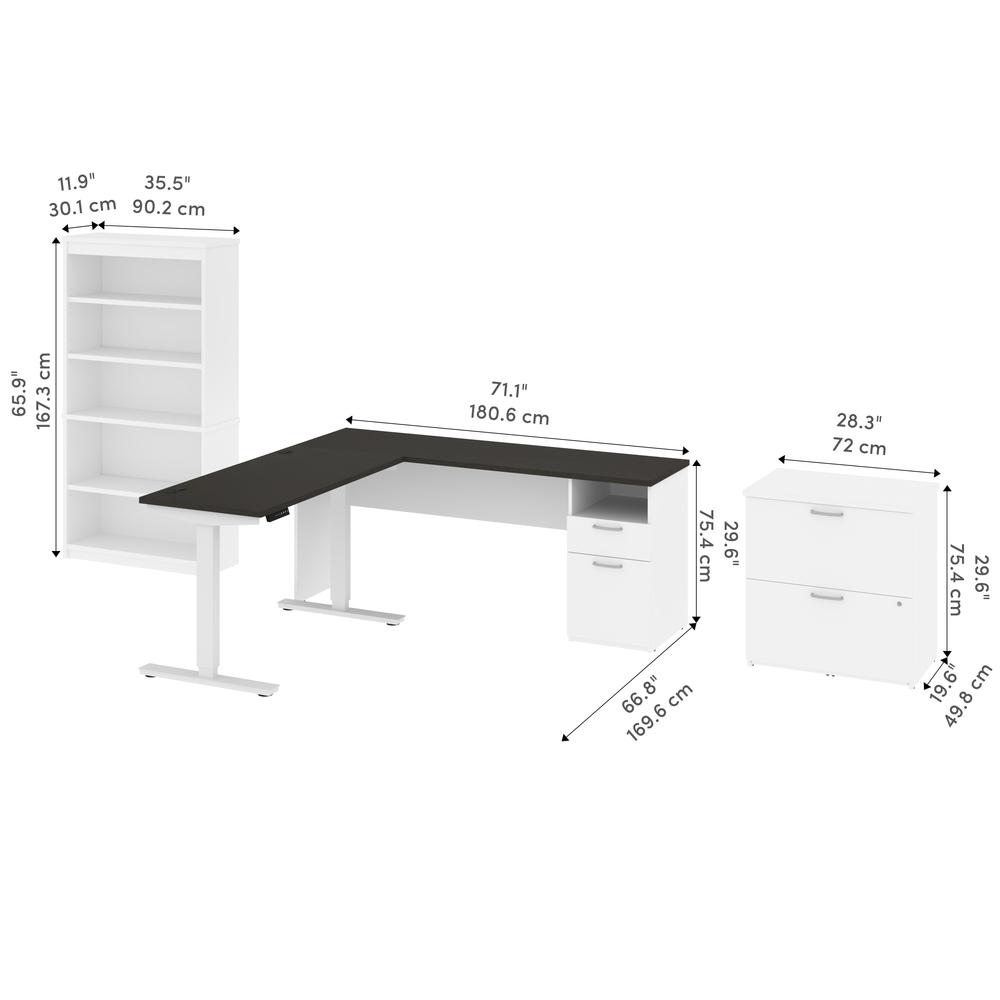 72W L-Shaped Standing Desk with Bookcase and File Cabinet