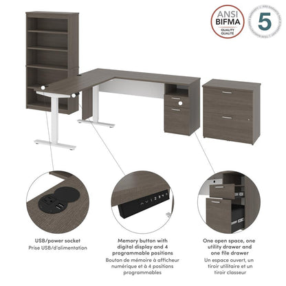 72W L-Shaped Standing Desk with Bookcase and File Cabinet