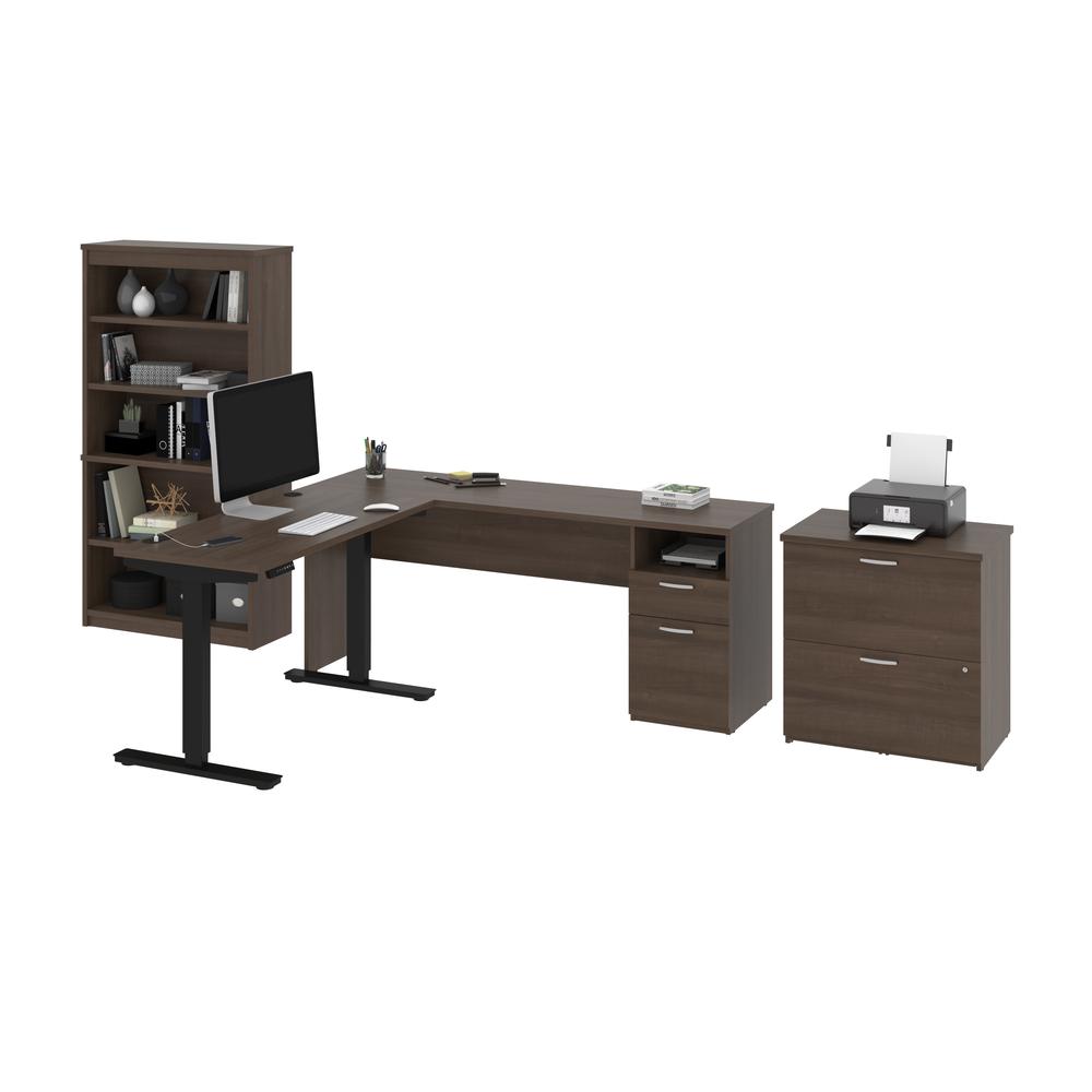 72W L-Shaped Standing Desk with Bookcase and File Cabinet