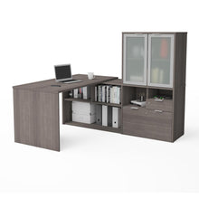 72W L-Shaped Desk with Frosted Glass Door Hutch