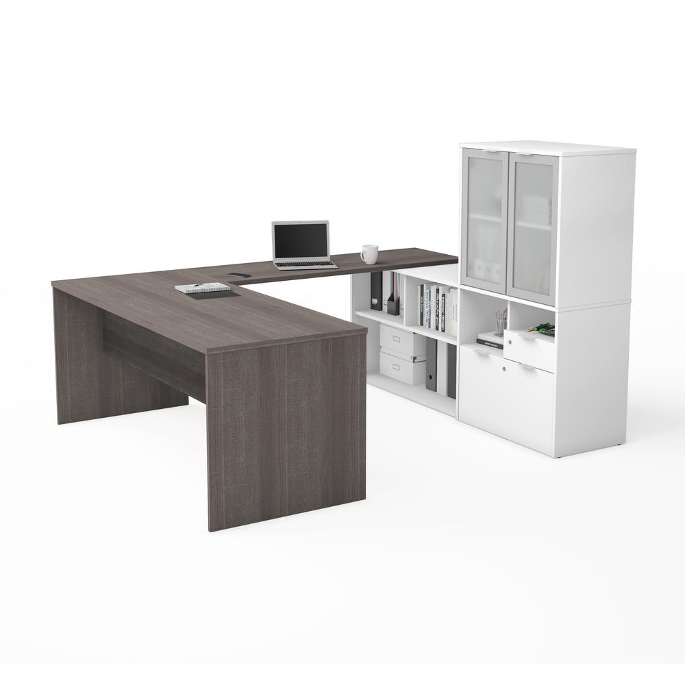 72W U-Shaped Executive Desk with Frosted Glass Doors Hutch