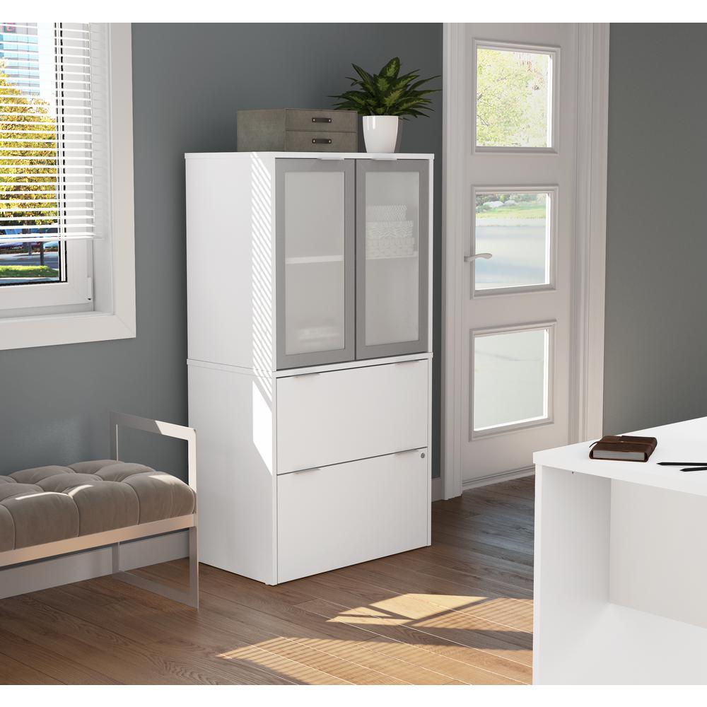 Lateral File Cabinet with Frosted Glass Doors Hutch