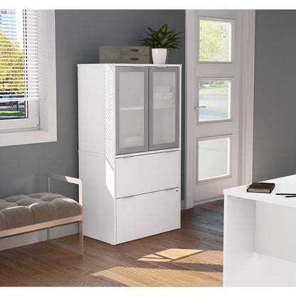 Lateral File Cabinet with Frosted Glass Doors Hutch