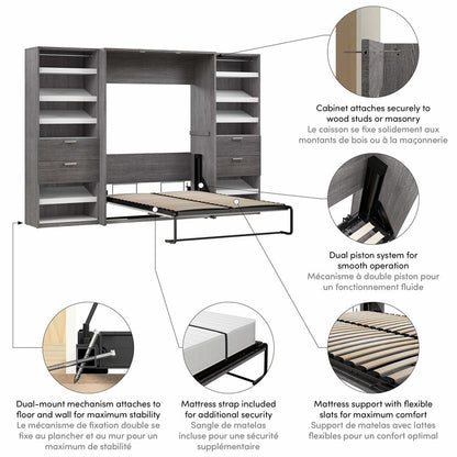 Cielo Full Murphy Bed with 2 Closet Organizers with Drawers (119W)