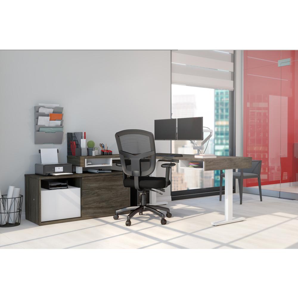 81W L-Shaped Standing Desk with Dual Monitor Arm and Credenza