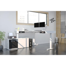 81W L-Shaped Standing Desk with Dual Monitor Arm and Credenza
